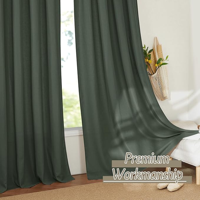 RYB HOME Linen Sheer Curtains 2 Panels for Living Room, Semi Transparent Privacy Drapes with Rod Pocket Farmhouse Style Window Treatments for Bedroom, Hunter Green, 52" W x 95" L - Image 6