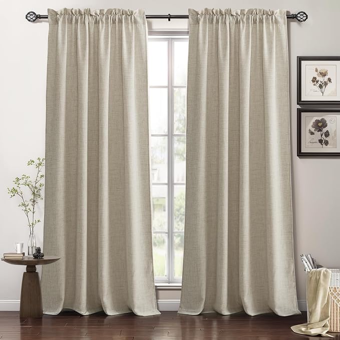RYB HOME Natural Beige Linen Sheer Curtains 102 inches Long for Living Room | Weave Textured, Rod Pocket, Light Filtering, for Dining Room, W52 x L102, 2 Panels Set by RYBHOME