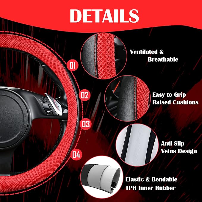 CAR PASS 3D Air Mesh Car Seat Covers Full Sets w/5mm Sponge, 4Pcs Waterproof Car Floor Mats, Steering Wheel Cover Universal Fit for SUV Sedan Truck, Airbag Compatible Automotive Interior(Black & red) - Image 6
