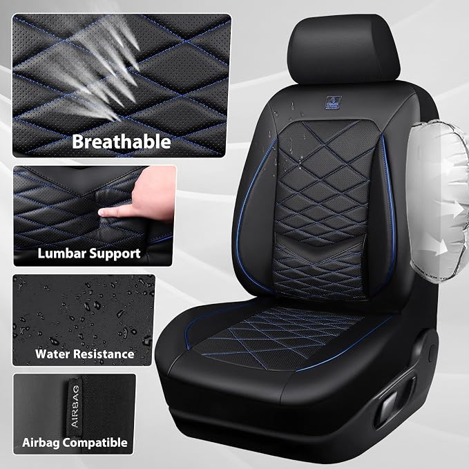 CAR PASS Luxury Nappa Leather Seat Covers Full Set, Water Resistant Faux Leather Seat Cover with Lumbar Support, Breathable Automotive Seat Covers Universal Fit for Sedan SUV Van Truck, Black Blue - Image 9