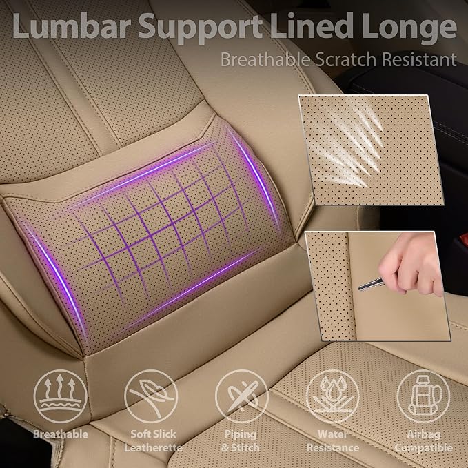 CAR PASS Nappa Leather Seat Covers Full Set, 3D Foam Faux Leather Car Seat Covers with Lumbar Support, Water Resistant Comfort & Universal Fit for Cars SUV Truck Most Vehicles, All Beige - Image 5