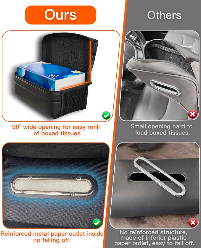 Large Car Tissue Holder PU Leather Organizer with 2 Mesh Pockets | Rectangle Tissue Box Cover for Headrest, Backseat & Armrest, Smooth-Pull Metal Opening Fits 120-160 Count Napkins - Image 6