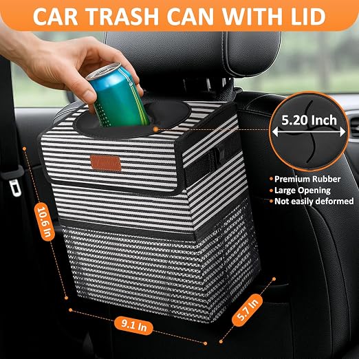 Vankor Car Trash Can with Lid Leak Proof Car Accessories for Women | 2.2 Gallon Cute Hanging Car Trash Bin for Men Car Truck Vehicle Sedan SUV Interior Automotive Garbage Cans, Stripe - Image 2