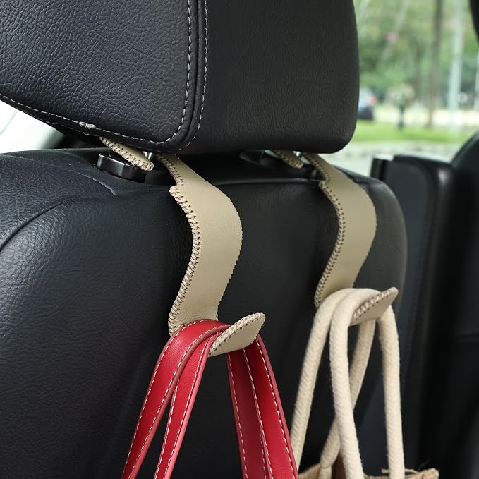 4-Pack Car Headrest Hooks Holds 55lbs Seat Storage Organizer for Bags | Fiber Leather, Durable Metal, Car Hanger for Backpack Umbrella Water Bottle Coat Purses Handbags Groceries, Beige - Image 2