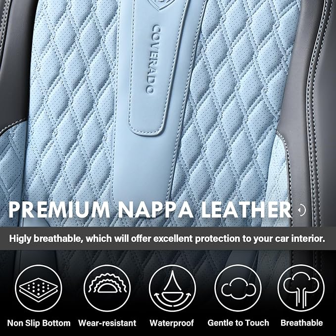 Coverado Car Seat Covers Front, Nappa Leather Seat Covers for Cars, Waterproof Seat Covers with Lumbar Support, Automotive Seat Covers Universal Fit for Most Cars SUV Trucks (Front, Black-Blue) - Image 4