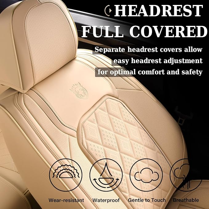 Coverado Front Seat Covers, 2-Pack Luxury Faux Leather Car Seat Cover, Beige Seat Covers, Car Seat Protector Waterproof, Car Seat Cushion Driver Seat Cover Universal Fit for Most Cars, Beige - Image 5
