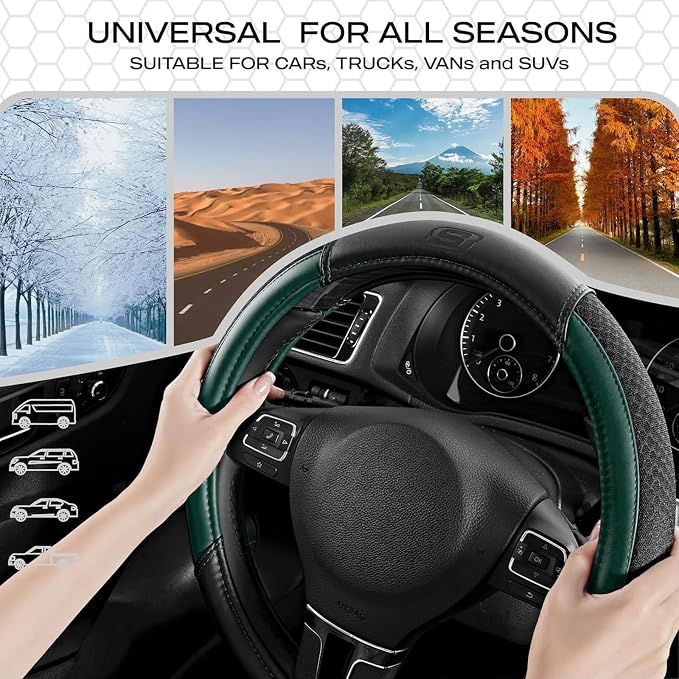 Skechers Air-Cooled Steering Wheel Cover,Leather Car Steering Wheel Cover Universal Fit 14" 1/2-15" Car Wheel Protector for Men Women Fit Suvs,Vans,Sedans,Car,Trucks,Green - Image 7