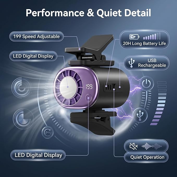 2026 Clip-on Car Air Conditioner Fan,Neck-style ice compress fan,with LED Display,360° Rotatable, 200 Speed Settings, Rechargeable Handheld Device,Suitable for Vehicles,waist,Office,Outdoor Use - Image 4