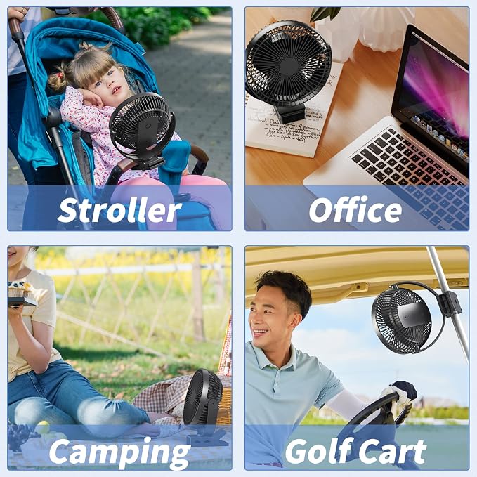 Clip on Fan, Rechargeable Portable Fan, 8 Inch Small Desk Fan - 10000mAh Battery Powered Fan with 4 Speed, 360° Rotation Personal Fan Suitable for Golf Cart, Bedroom, Travel and Camping (Black) - Image 2