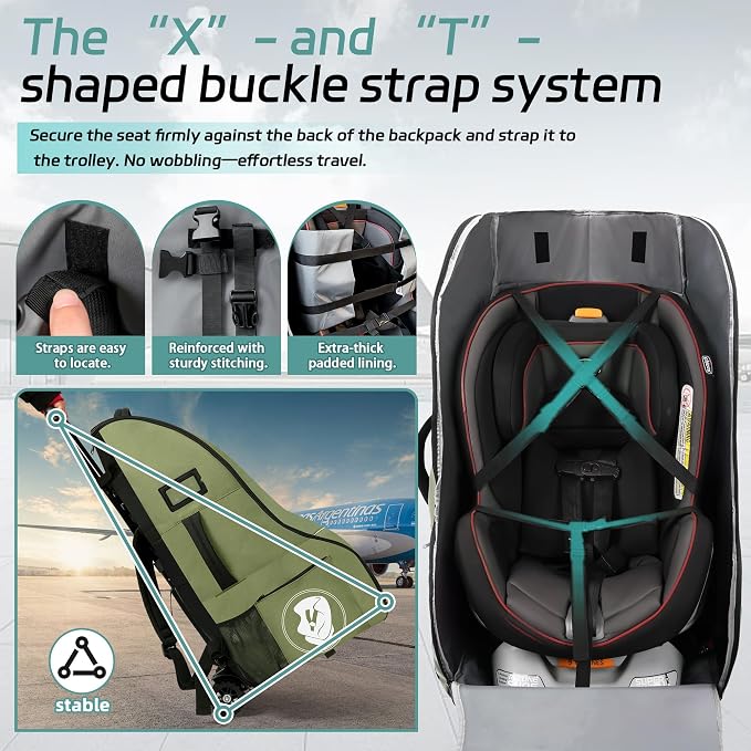 Rolling Car Seat Travel Bag with Wheels – Car Seat Backpack Transport Case for Airplane Travel, Fits Convertible & Booster Seats, Protective Storage Cover, (Green) - Image 3