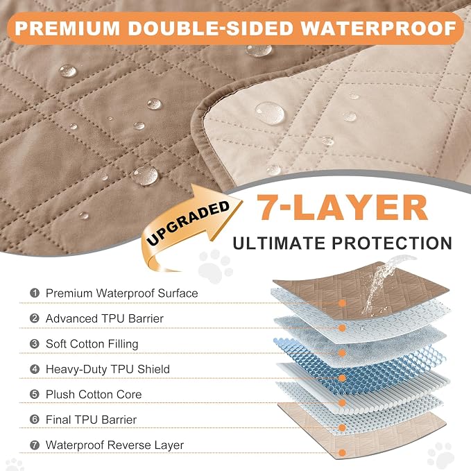 100% Waterproof Dog Bed Cover Pet Blanket, Taupe+Apricote (30"x30") | ,7-Layer Reversible Couch Covers for Dogs Met for Sofa Furniture Car Camping - Image 2