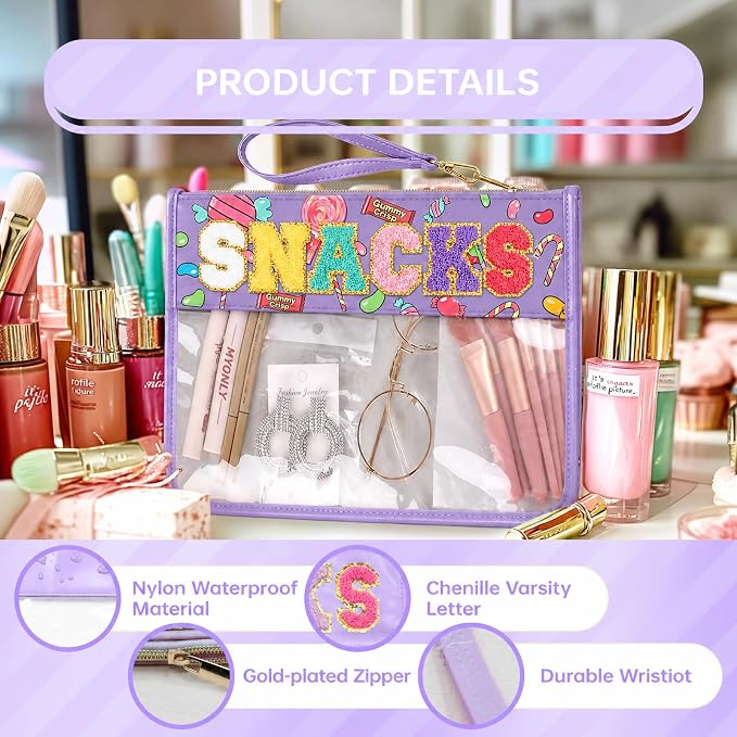 Siwara Snack Bags Clear Pouch Travel Makeup Bag Chenille Letter Bags for Zipper Pouch Clear Cosmetic Bag Clearly Tote Bag Makeup Travel Bags for Women - Image 3