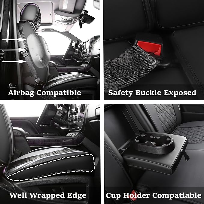 Chevy Silverado Seat Covers,Leather Seat Covers for GMC Sierra,Custom Fit 2007-2026 1500 2500HD 3500HD Crew Double Extended Regular Cab,LT LZT RST Trail Boss(Full Set,Black White) - Image 2