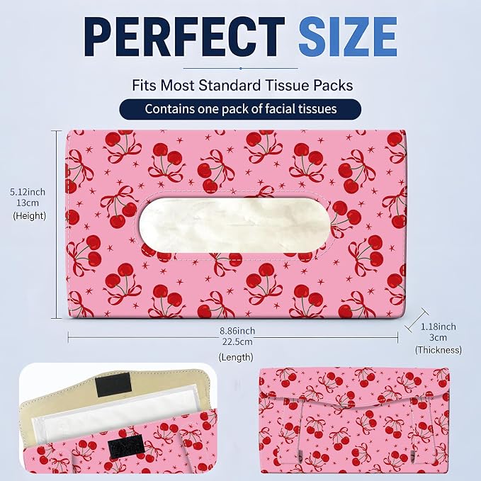 Car Tissue Holder, Cute Sun Visor Napkin Holder Backseat Tissue Case, PU Leather Tissue Box, Funny Car Accessories for Women Men Pink Red Cute Cherry Bowties - Image 4