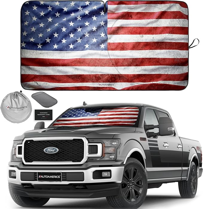 Autoamerics Truck Windshield Sun Shade with Storage Pouch & Anti-Slip Dash Pad - Foldable Grunge USA Flag-3 Design Cover - Fits Most SUVs & Trucks -Reflective 230T Material | X-Large (66 x 36 inches) by AutoamericsUS