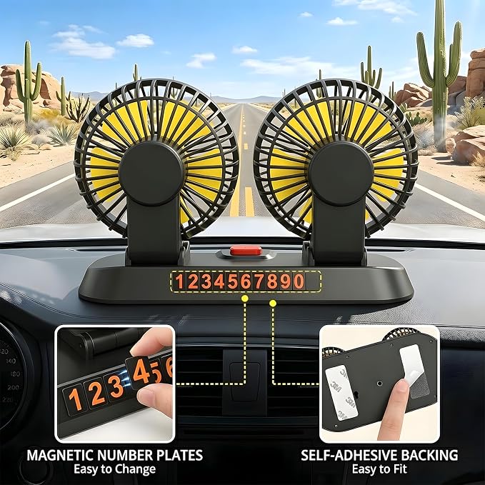 12V Dual Head Car Fan for Dashboard, 2-Speed Portable Vehicle Cooling Fan, 360° Rotatable Cigarette Lighter Powered Air Circulator for SUV RV Truck Sedan - Image 7