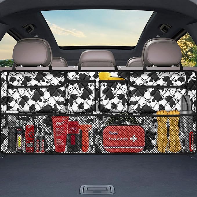 Femuar Car Trunk Organizer,Large Capacity Backseat Trunk Organizer(42"*18"),Collapsible Car Storage Bag with 8 Pocekt,SUV/MPV/Truck - Cow print - Image 7