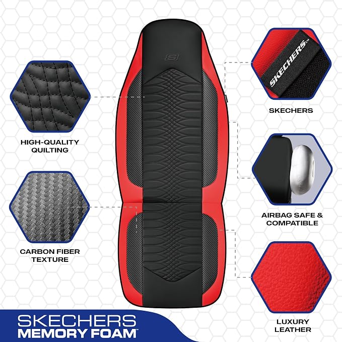 Skechers Memory Foam Car Seat Covers, Leather High Back Seat Covers Quilting Design,Waterproof Sports Car Seat Covers Front Seats,Airbag Compatible, Universal Fit for Most Cars, SUVs,Trucks,Red - Image 3