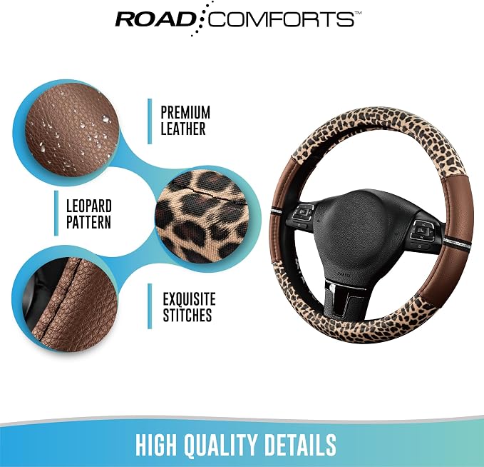 Road Comforts Leopard Steering Wheel Cover for Women, Cute Anti-Slip Microfiber Leather, Universal Fit 14.5-15 Inch Round Steering Wheel - Brown - Image 7