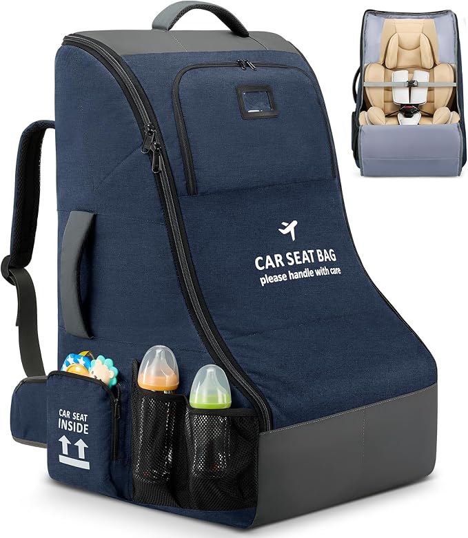 RAINSMORE Padded Car Seat Travel Bag for Airplane Car Seat Backpack, Blue | Fits Infant Carrier & Boosters, Heavy-Duty Car Seat Cover for Air Travel Gate Check Carrier Bags for Airport with Side Pocket by RAINSMORE