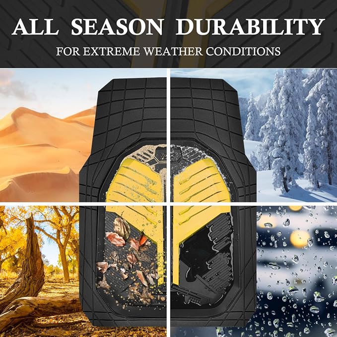 CAR PASS Heavy Duty Rubber Car Mats, Deep Dish Car Floor Mats All Weather, Car Mats Full Set 4-Piece Trim to Fit for Sedans SUVs Trucks, Waterproof Anti-Slip Automotive Mats, V12 Black and Yellow - Image 3