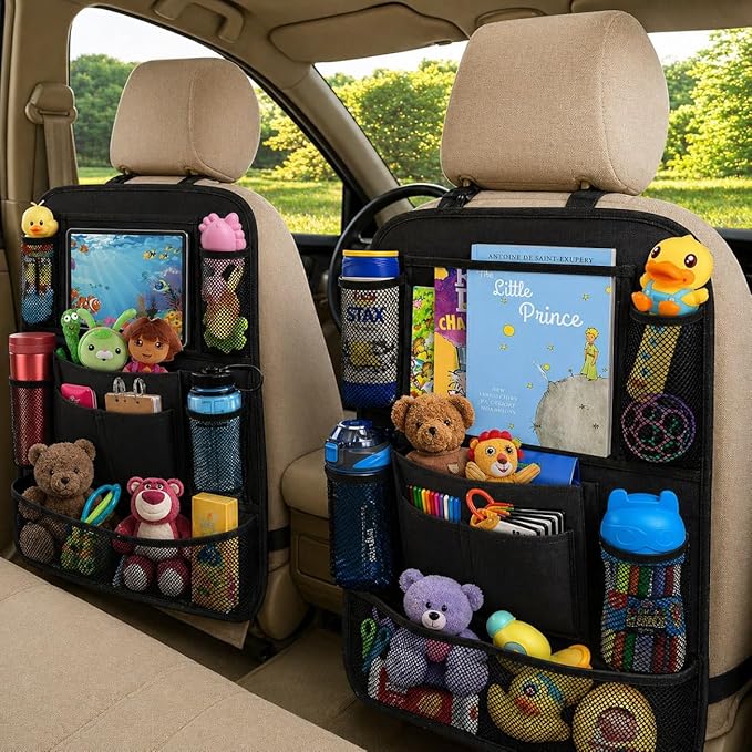 ULEEKA Car Backseat Organizer with 10" Table Holder, 9 Storage Pockets Seat Back Protectors Kick Mats for Kids Toddlers, Travel Accessories, 2 Pack (Black) | Car Organizers and Storage Kick Mats Back Seat Protector w/ Touch Screen Tablet Holder for Kid... - Image 4