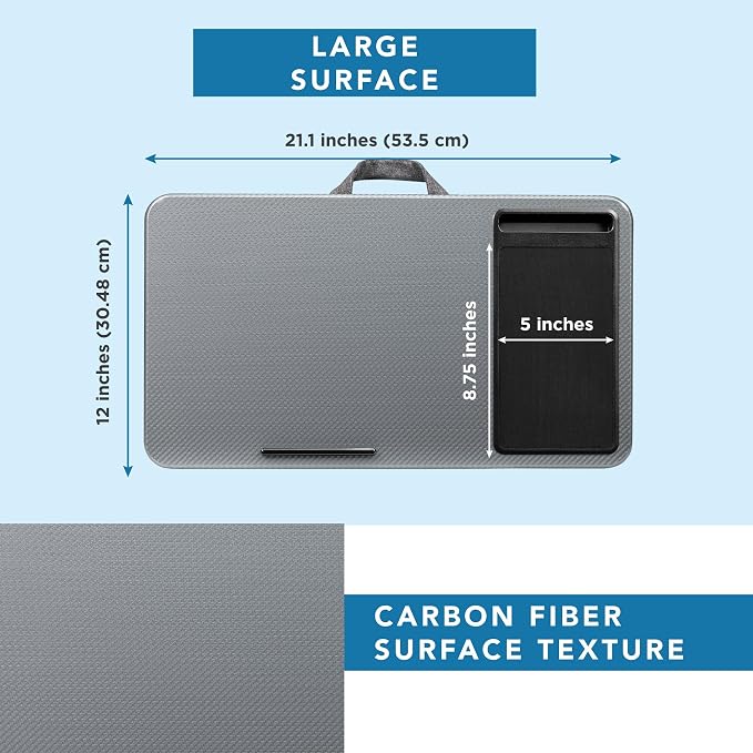 LAPGEAR Home Office Lap Desk – Silver Carbon, Fits 15.6” Laptops | Built-In Mouse Pad & Phone Slot, Integrated Device Ledge, Dual-Bolster Microbead Cushion, Carry Handle - Image 5