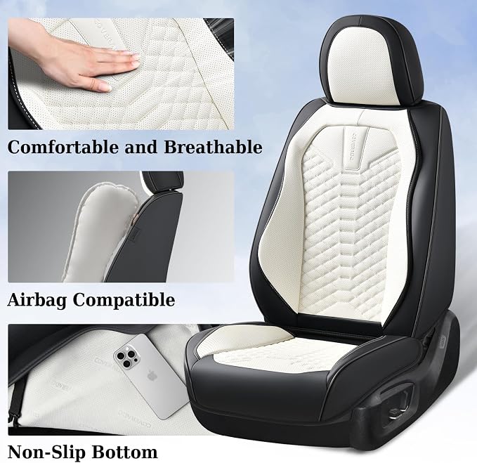 Coverado Car Seat Covers, Front Seat Cover, Waterproof Nappa Leather Seat Covers for Cars, 2 Pack Driver Car Seat Protectors, Automotive Seat Covers Universal Fit for Most Cars, Black&White - Image 3