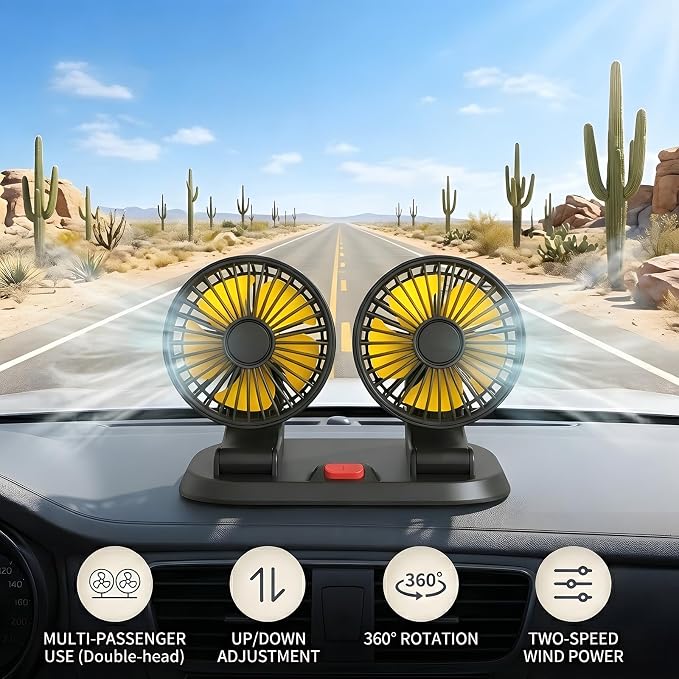 12V Dual Head Car Fan for Dashboard, 2-Speed Portable Vehicle Cooling Fan, 360° Rotatable Cigarette Lighter Powered Air Circulator for SUV RV Truck Sedan - Image 8