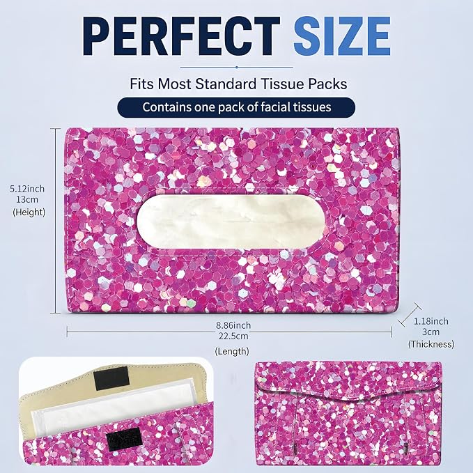 Car Tissue Holder, Cute Sun Visor Napkin Holder Backseat Tissue Case, PU Leather Tissue Box, Funny Car Accessories for Women Men Purple Glitter Pattern - Image 4