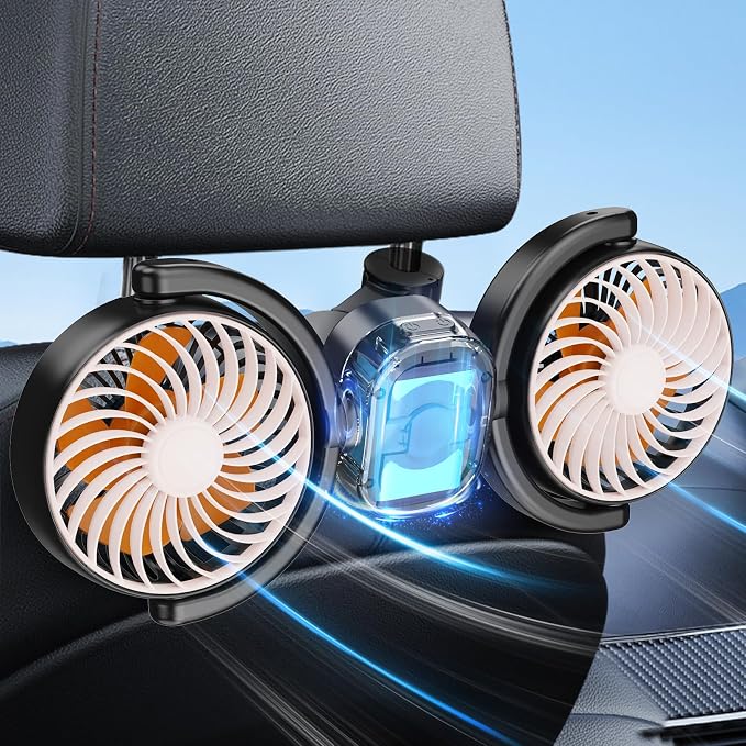 Dealswin Rechargeable Car Fan for Back Seat, Battery and USB Dual Power Car Fans for Baby Kids, Powerful 3 Speeds 360° Rotatable Dual Head Cooling Car Seat Fan by Dealswin
