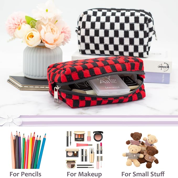 Checkered Makeup Bag for Purse, Small Travel Cosmetic Pouch,Red Black | Cute Zipper Makeup Organizer for Women, Travel Essentials, Toiletries, Makeup Brushes, Beauty Accessories&Bridesmaid Gifts - Image 2