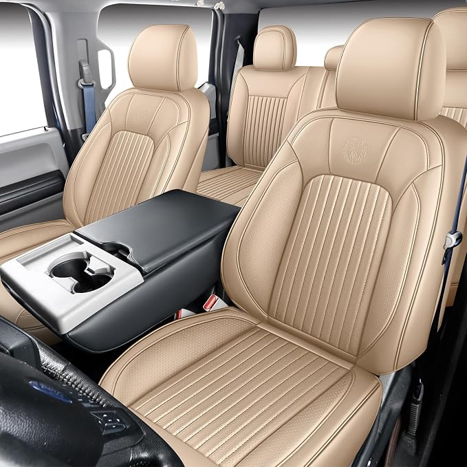 MINGBRON Ford Seat Covers, Leather Pickup Seat Cushion Cover Fit for 2009-2026 Ford F150 SuperCrew & F250 F350 F450 Super Duty Crew Cab XL XLT Lariat King Ranch Platinum(Full Set/Beige) - Image 2