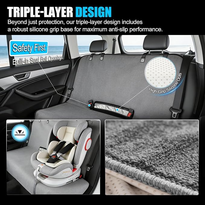 ZIMABLUE Waterproof Rear Bench Seat Cover for Kids and Pets, 3-Layer Back Seat Protector for SUVs, Sedans and Minivans, Machine Washable Non-Slip Towel Seat Cover for Spills, Pet Hair and Daily Mess - Image 4