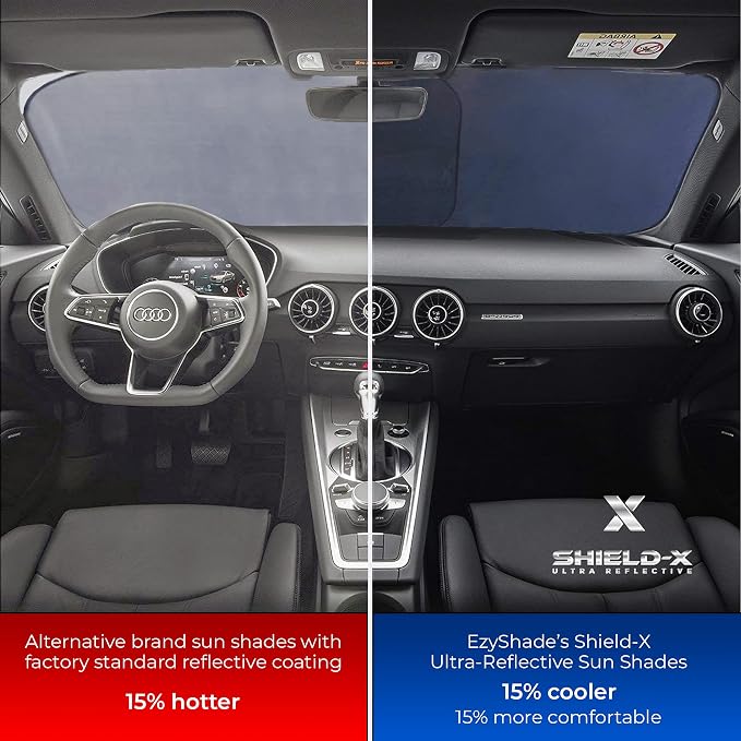 EzyShade Car Windshield Sun Shade. See Vehicle Size-Chart. Medium (M) Size | Foldable 2-Piece Sunshade with Shield-X Reflective Technology. Sun Visor for SUV, Truck, Car Front Windshield. See Size Chart - Image 3