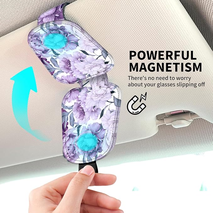 Leather Magnetic Sunglass Holder for Car Sun Visor, Cute Eyeglass Ticket Card Hanger Clip, Universal Auto Interior Accessories for SUV Pickup Truck Purple Floral - Image 3