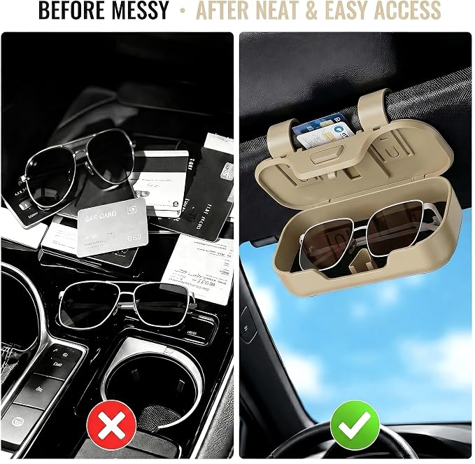 Car Sun Visor Sunglasses Holder,Beige ABS Eyeglasses Case | Card Storage,Soft Flocked Interior,Anti-Rattle Triangle Slot,Double Clips,Push Button Access,Scratch Protection,Universal Fit - Image 5