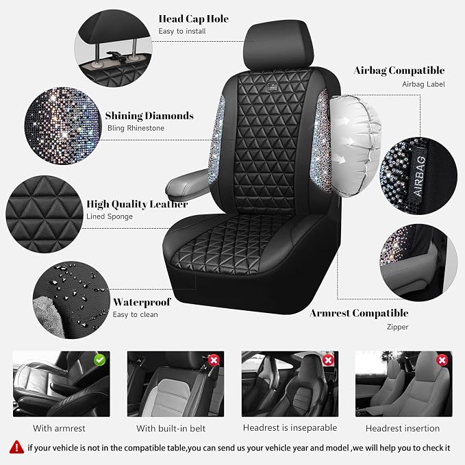 CAR PASS Bling Diamond Leather Car Seat Covers for 2 Front Interior Sets, Waterproof Shining Glitter Sparkly Crystal Universal Armrest Automotive Truck SUV Cute Women Girl, Black Multicolor Rhinestone - Image 3