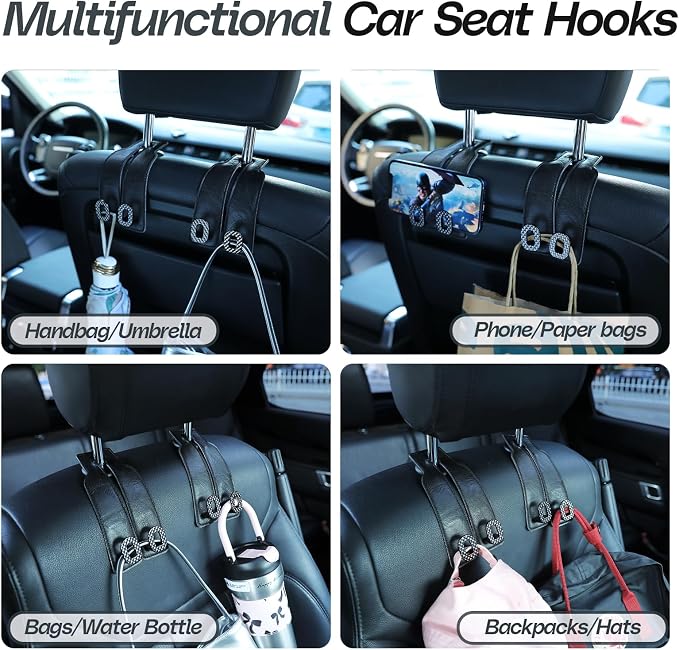 Car Headrest Hooks Universal Car Purse Hook Premium Leather and Alloy Twin Hook Car Seat Back Storage Hanger Hook for Purse Bags Cloth Drink Durable Holder Car Accessories (BH09-Black-Black-4 Pcs) - Image 4
