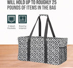 Extra Large Utility Tote Bag - Oversized Collapsible Reusable Wire Frame Rectangular Canvas Basket With Two Exterior Pockets For Beach, Pool, Laundry, Car Trunk, Storage - Geometrc Black - Image 5