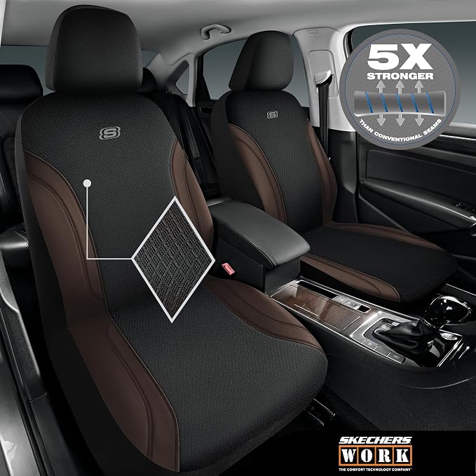 Skechers Work Seat Covers, Leather Car Seat Covers 5-Times Stronger Built-in Webbing, Oxford Fabric Front Seat Cover, Airbag Compatible, Automotive Comfort for Cars, Trucks, SUVs,Brown - Image 2