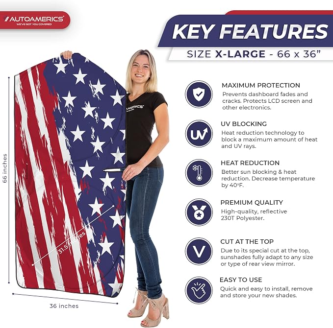Autoamerics Truck Windshield Sun Shade with Storage Pouch & Anti-Slip Dash Pad - Foldable USA Art Flag-2 Design - Fits Most SUVs & Trucks - Blocks UV Rays and Keeps Car Cool | X-Large (66 x 36 inches) - Image 2