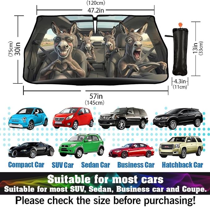 Socira Funny Donkey Car Windshield Sun Shade Umbrella Automotive Windshield Sunshade Foldable Front Car Accessories Interior Decor to Keep Vehicle Cool for Most Vehicles 57'' X 30'' - Image 3