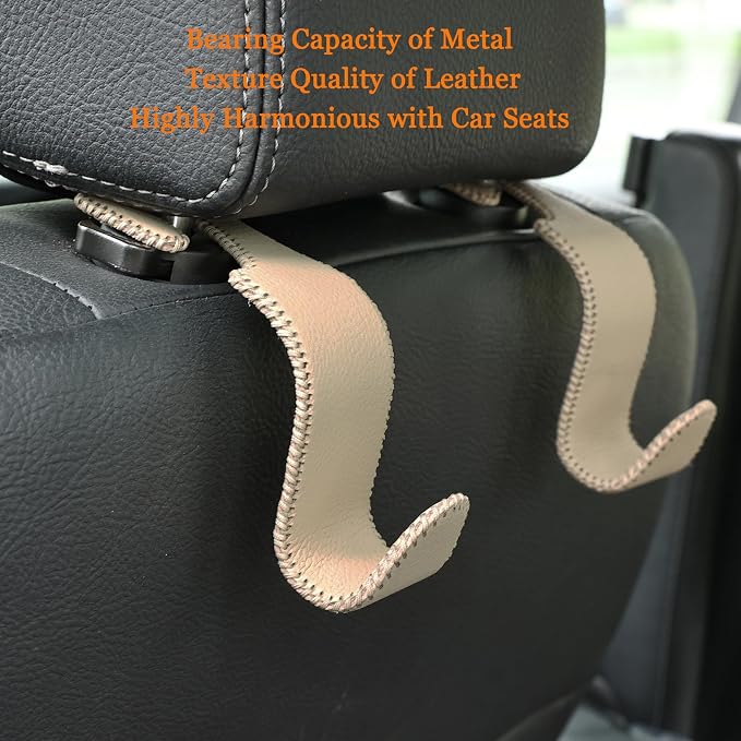 4-Pack Car Headrest Hooks Holds 55lbs Seat Storage Organizer for Bags | Fiber Leather, Durable Metal, Car Hanger for Backpack Umbrella Water Bottle Coat Purses Handbags Groceries, Beige - Image 4