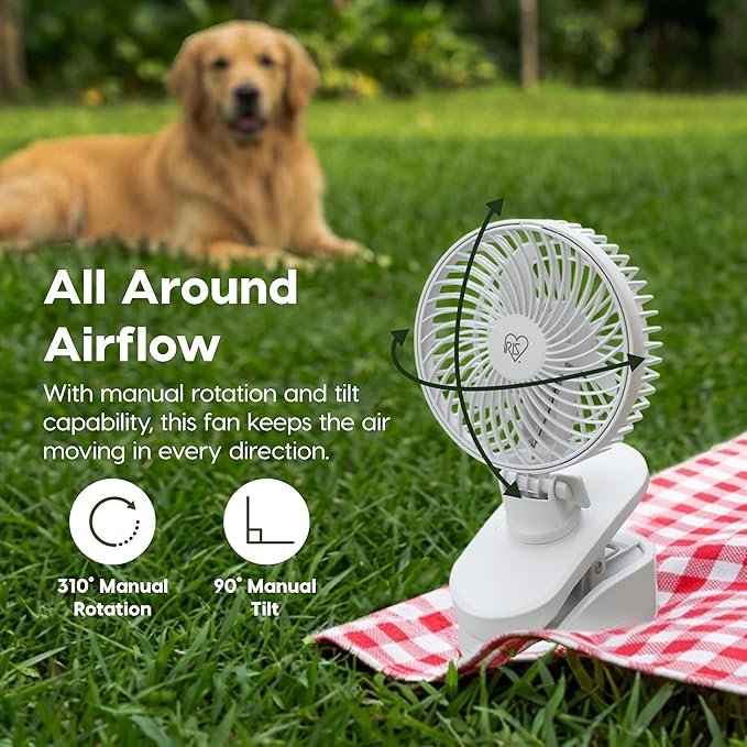 IRIS USA 5" Battery Operated Clip On Fan, D-Battery Powered, Outdoor, White | Compact Foldable Personal Fan, Portable Travel Mini Desk Fan, Pet Stroller Car Fan, Office Bedside Picnic Camping Outdoor - Image 5