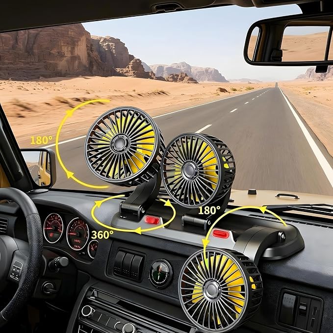 Portable 3-Head Car Cooling Fan, 12V Cigarette Lighter Plug Dashboard Fan for Vehicles Cars Trucks SUV, 360° Adjustable Heads Strong Airflow (No Battery) - Image 5
