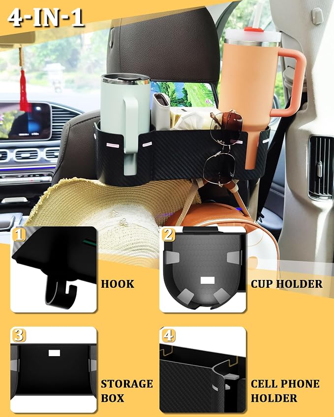 Car Headrest Backseat Cup Holder 3.7", Seat Back Organizer with Hooks | High Capacity 4 in 1 Seat Back Organizer, Multifunctional Storage for Car Travel Accessories Compatible with Most Vehicles - Image 5