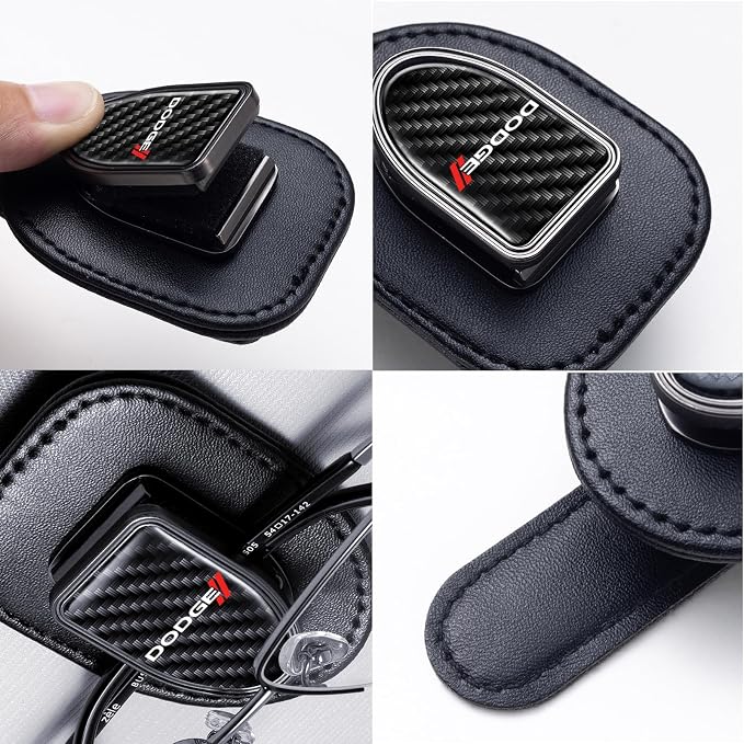 Sunglasses Holder, Leather Glasses Holders Compatible with Dodge Challenger Series Car Sun Visor, Eyeglasses Hanger and Ticket Card Clip Eyeglasses Mount for Car, for Accessories, Black - Image 3