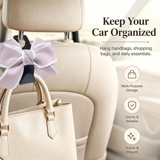 2-Pack Cute Bow Car Purse Hooks, Headrest Hangers, pink | Cute bow hooks keep purses and bags organized within reach while saving space; fits most car headrests - Image 2