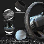 New Diamond Leather Steering Wheel Cover with Bling Crystal Rhinestones | Universal Fit 15 Inch Car Wheel Protector for Women Girls Black Diamond - Image 5